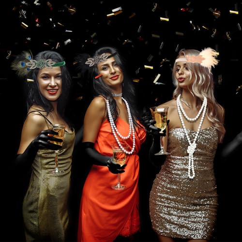 PLULON 6-Piece 1920s Flapper Accessory Set – Roaring 20s Costume Kit with Headband, Gloves, Jewelry & Prop