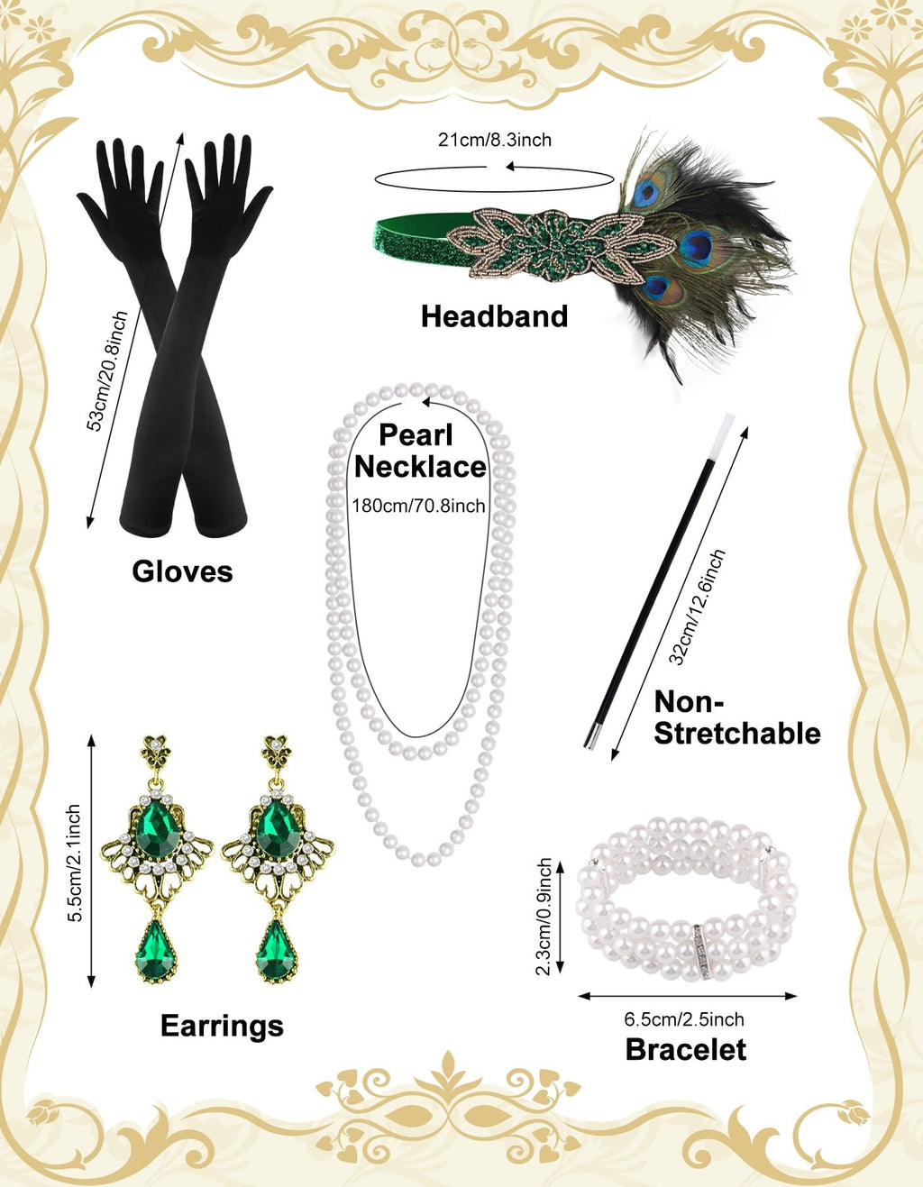 PLULON 6-Piece 1920s Flapper Accessory Set – Roaring 20s Costume Kit with Headband, Gloves, Jewelry & Prop