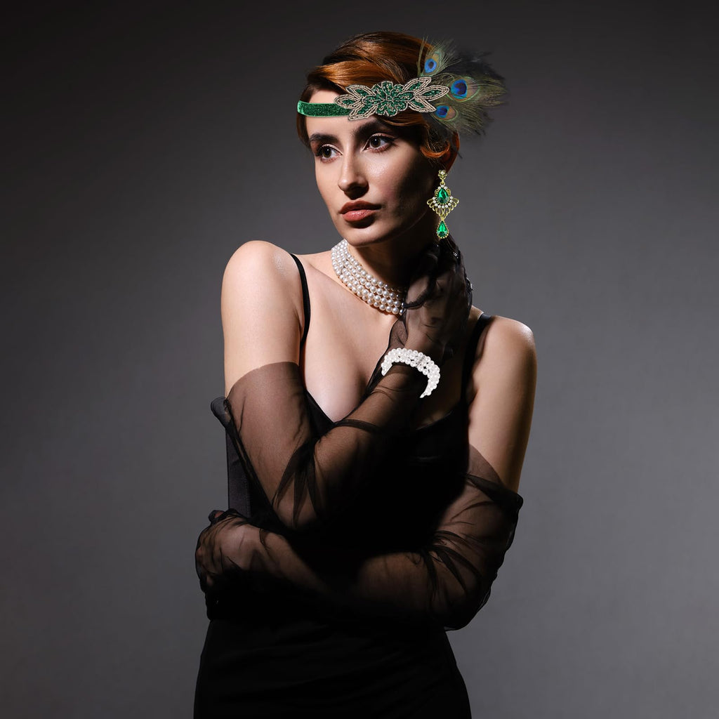 PLULON 6-Piece 1920s Flapper Accessory Set – Roaring 20s Costume Kit with Headband, Gloves, Jewelry & Prop