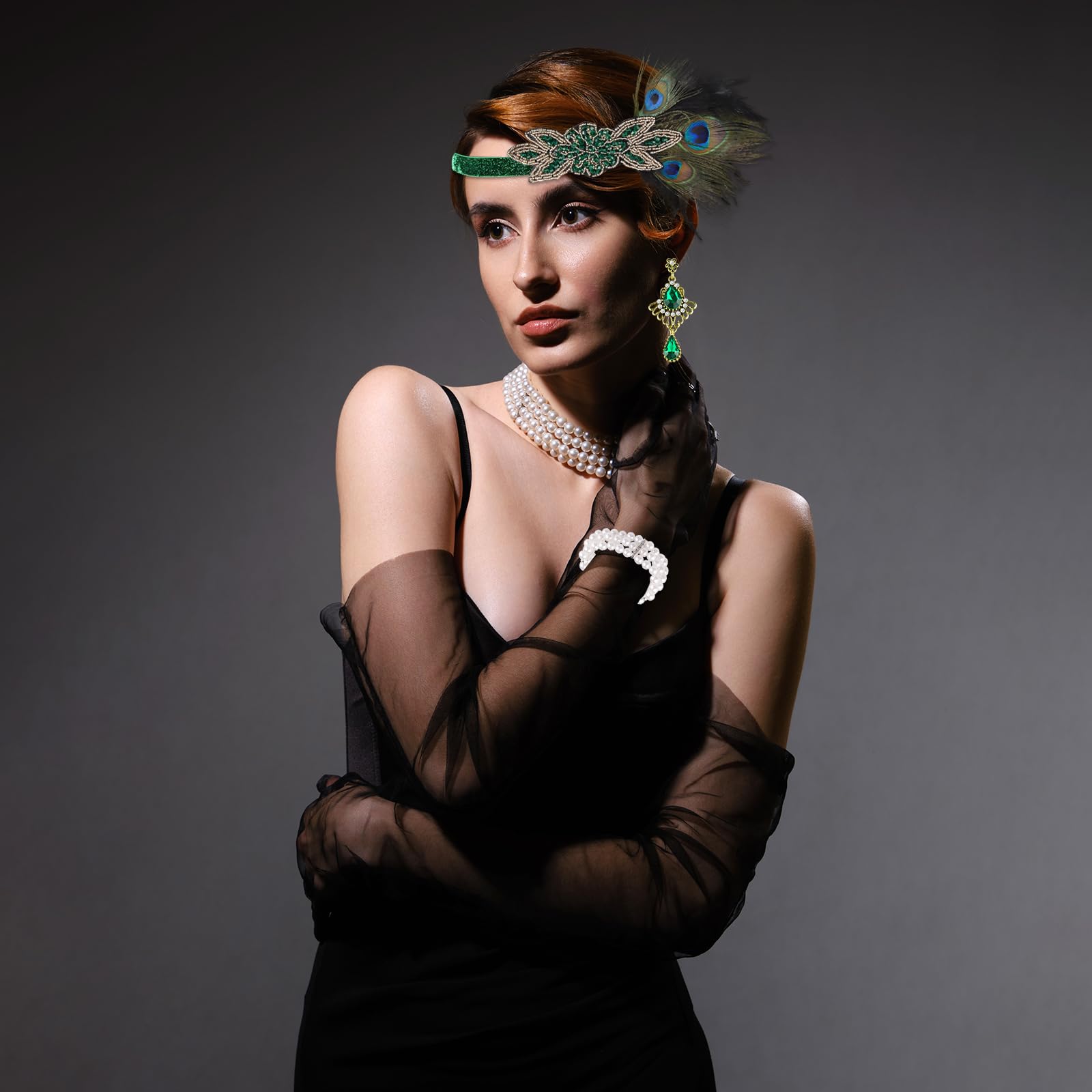 PLULON 6-Piece 1920s Flapper Accessory Set – Roaring 20s Costume Kit with Headband, Gloves, Jewelry & Prop