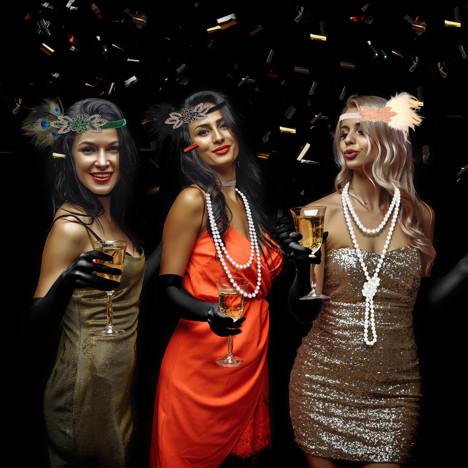 PLULON 6-Piece 1920s Flapper Accessory Set – Roaring 20s Costume Kit with Headband, Gloves, Jewelry & Prop
