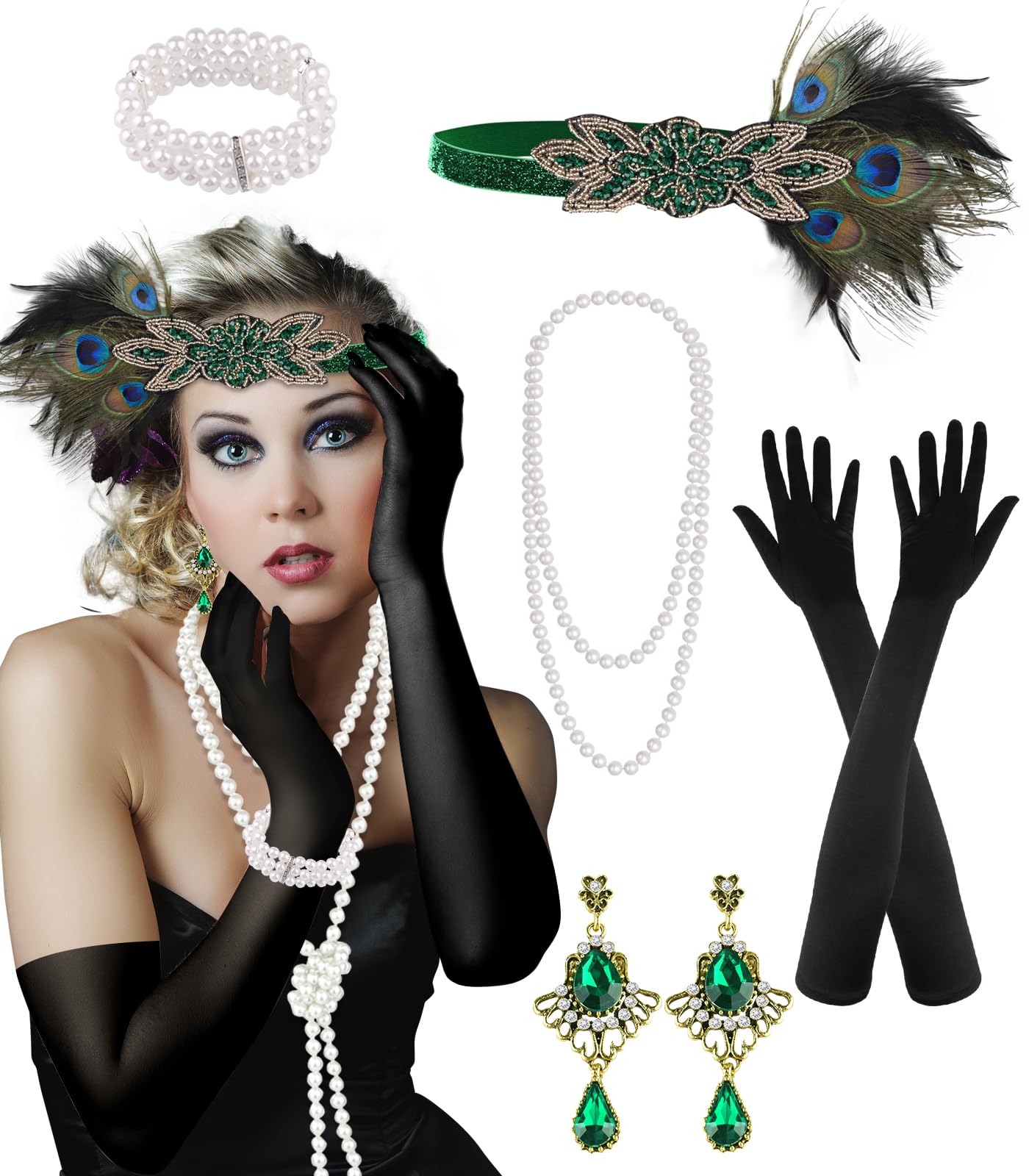 PLULON 6-Piece 1920s Flapper Accessory Set – Roaring 20s Costume Kit with Headband, Gloves, Jewelry & Prop