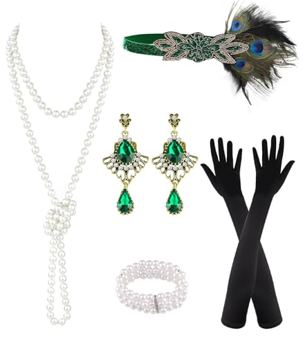 PLULON 6-Piece 1920s Flapper Accessory Set – Roaring 20s Costume Kit with Headband, Gloves, Jewelry & Prop