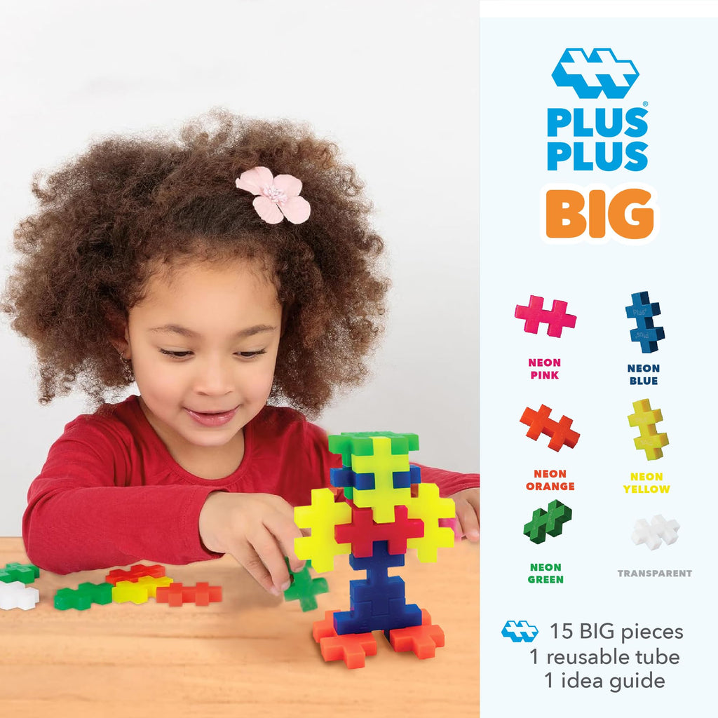 PLUS PLUS Big 15-Piece Neon Mix Tube – Oversized Building Blocks for Toddlers