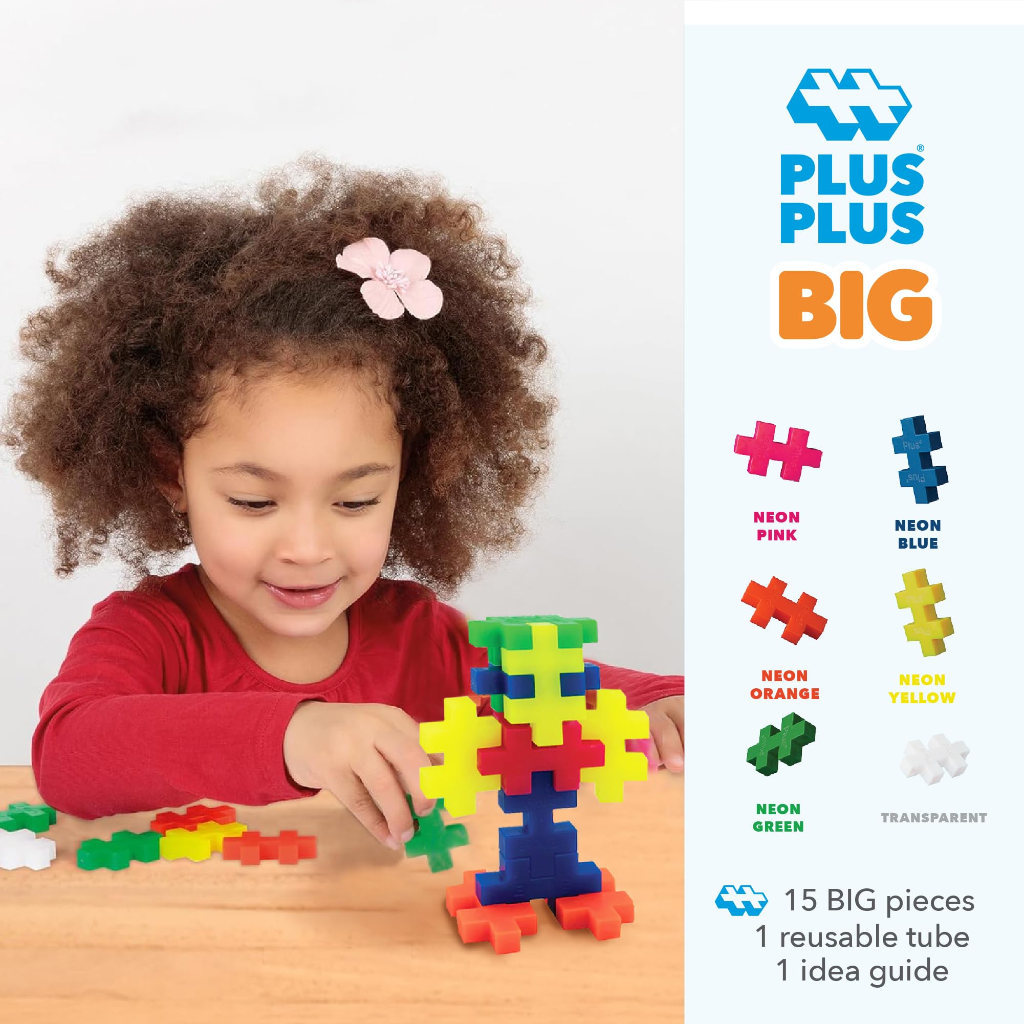 PLUS PLUS Big 15-Piece Neon Mix Tube – Oversized Building Blocks for Toddlers