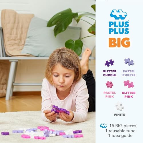 PLUS PLUS Big Glitter Mix Tube – 15 Large Building Blocks for Toddlers, Ages 2+