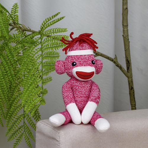 Plushland 8-Inch Pink Sock Monkey – Soft Knitted Stuffed Animal with Embroidered Face and Red Heel