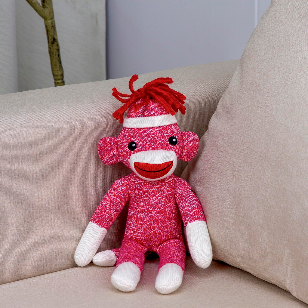 Plushland 8-Inch Pink Sock Monkey – Soft Knitted Stuffed Animal with Embroidered Face and Red Heel