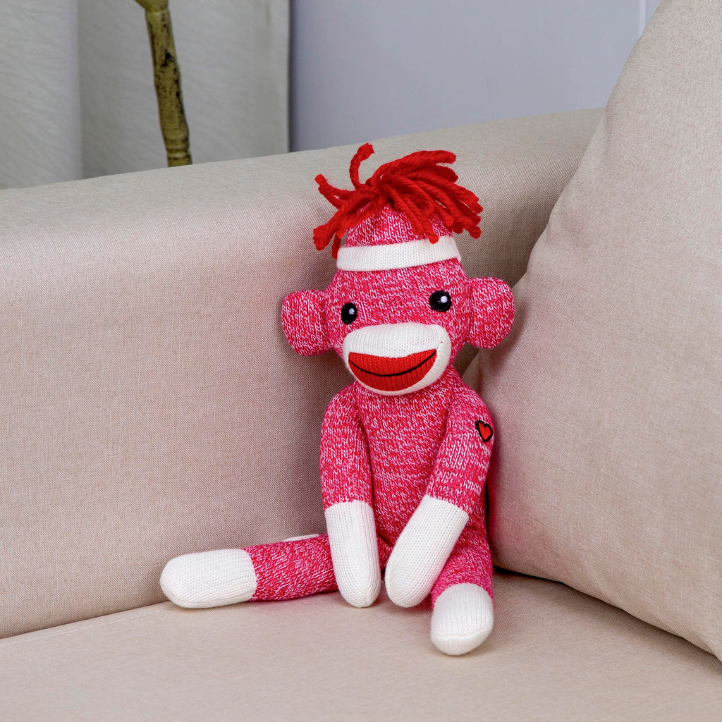 Plushland 8-Inch Pink Sock Monkey – Soft Knitted Stuffed Animal with Embroidered Face and Red Heel