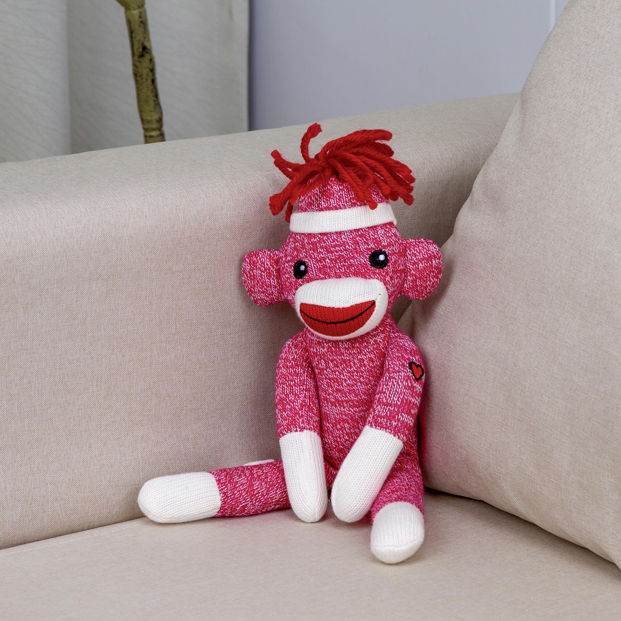 Plushland 8-Inch Pink Sock Monkey – Soft Knitted Stuffed Animal with Embroidered Face and Red Heel