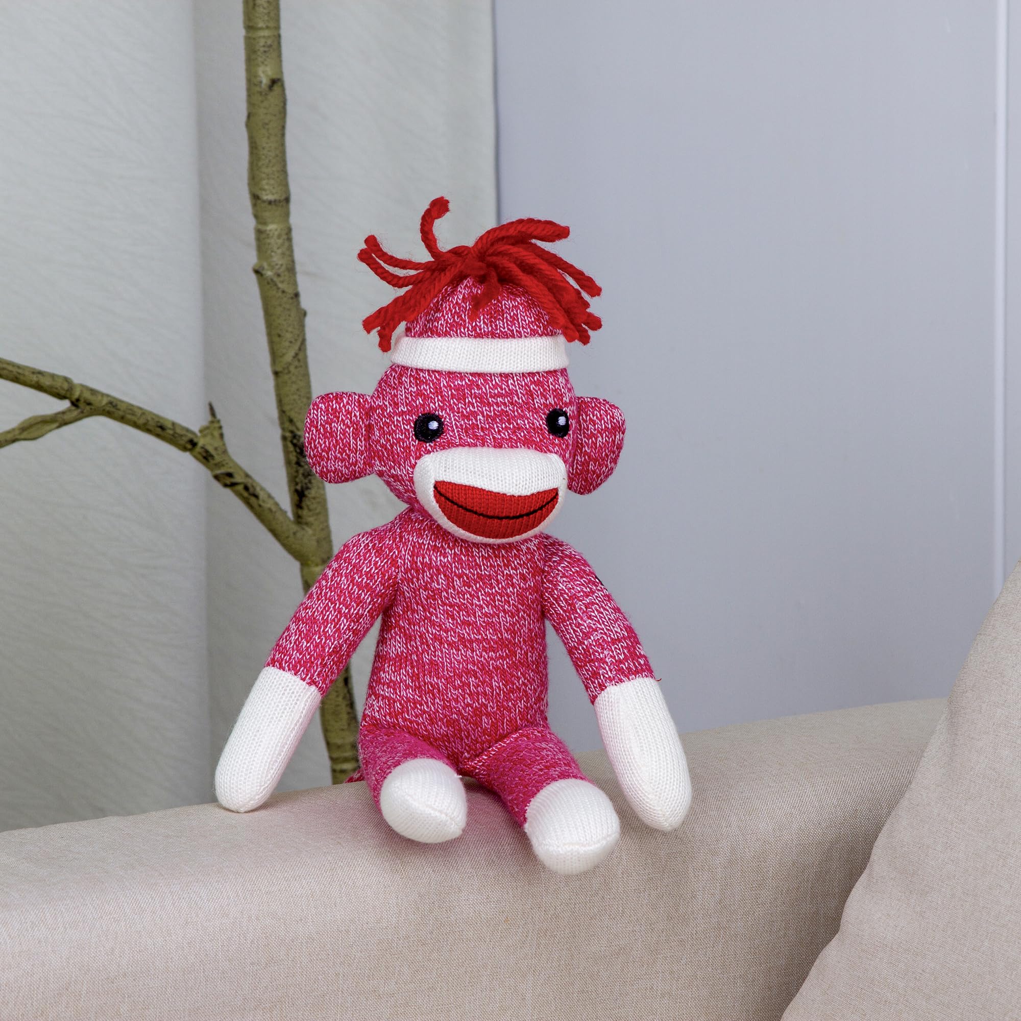 Plushland 8-Inch Pink Sock Monkey – Soft Knitted Stuffed Animal with Embroidered Face and Red Heel