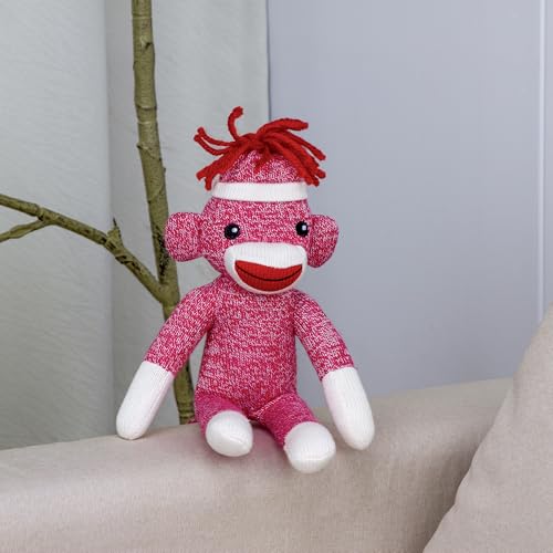Plushland 8-Inch Pink Sock Monkey – Soft Knitted Stuffed Animal with Embroidered Face and Red Heel