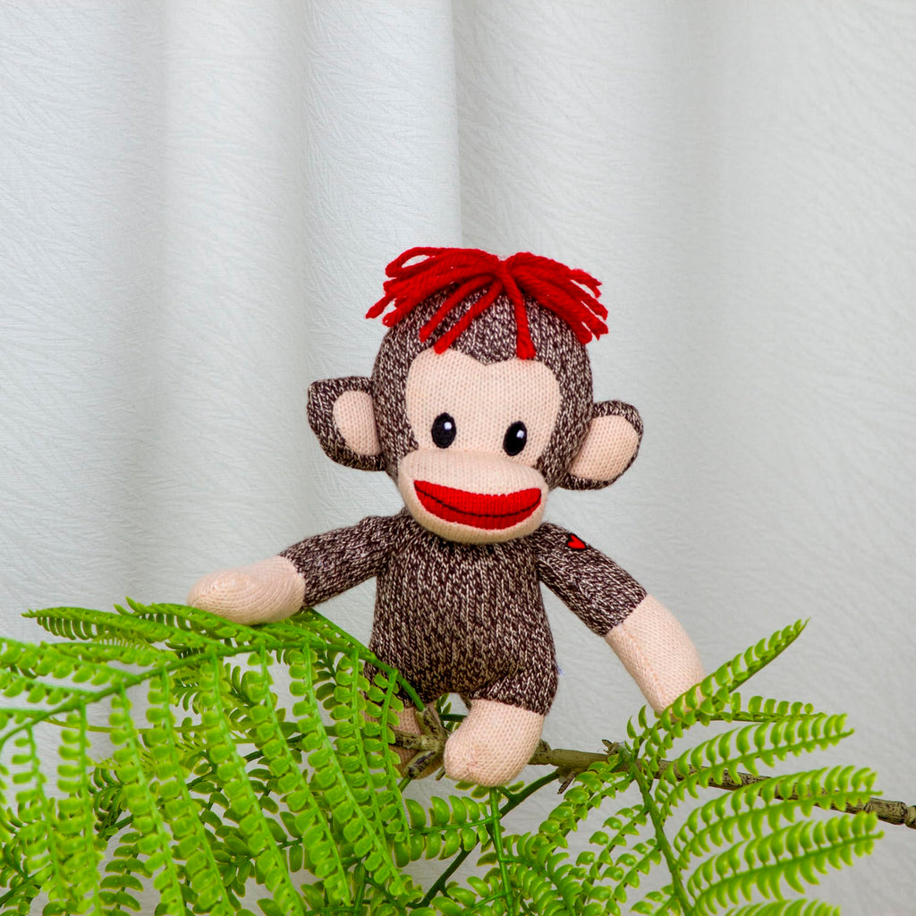 Plushland Curioso Brown Sock Monkey – Hand Knitted 6-Inch Plush with Heart Symbol