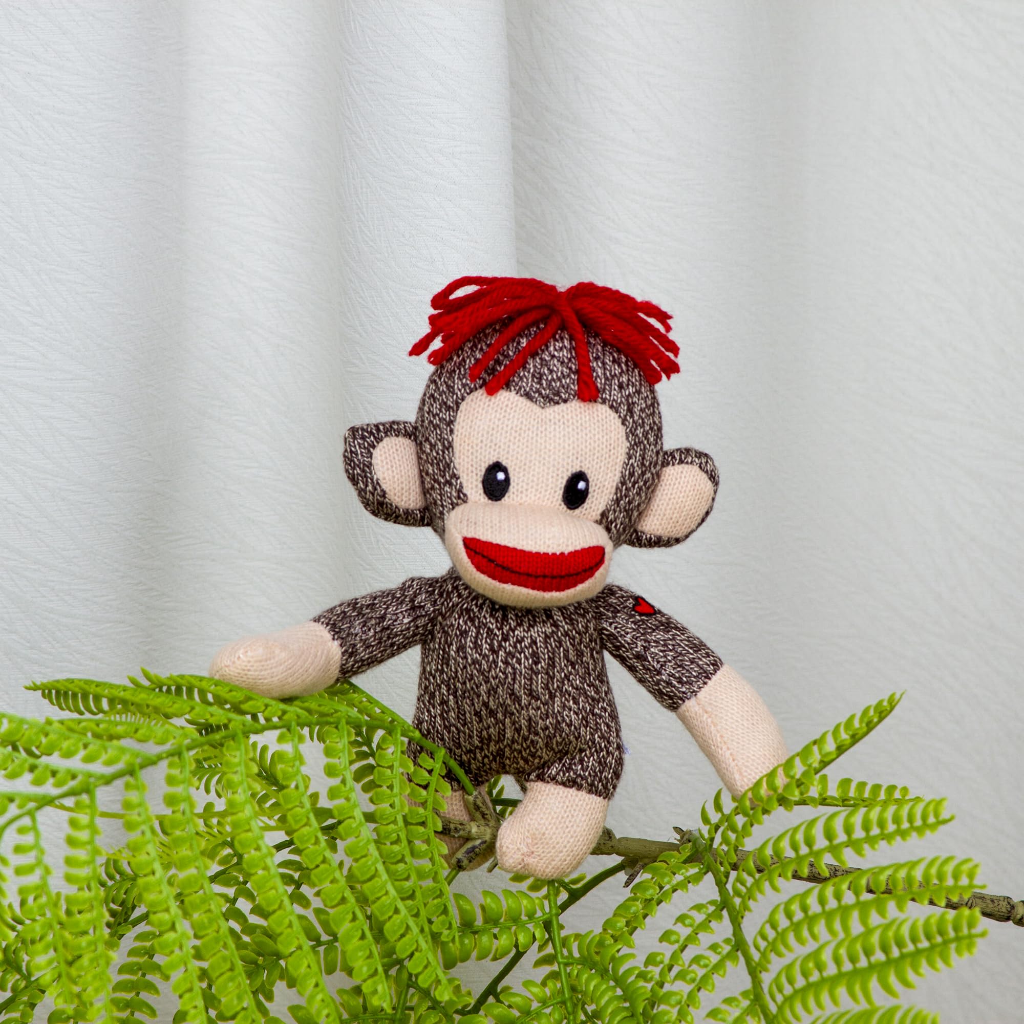 Plushland Curioso Brown Sock Monkey – Hand Knitted 6-Inch Plush with Heart Symbol