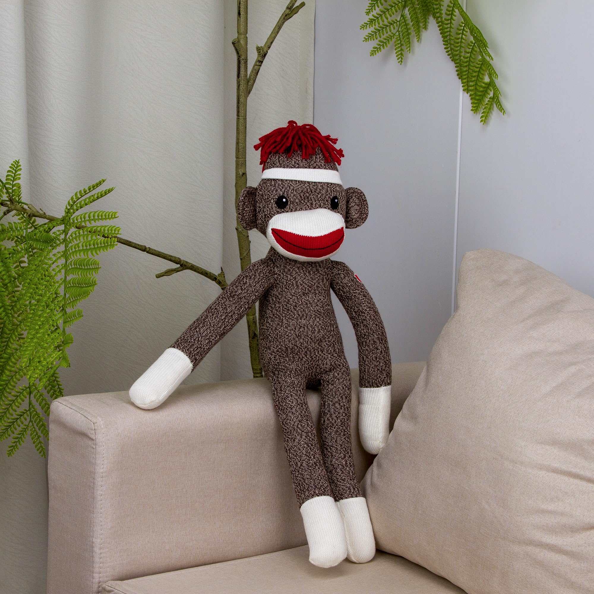 Plushland Sock Monkey – 8-Inch Knitted Stuffed Animal with Embroidered Eyes and Red Heel