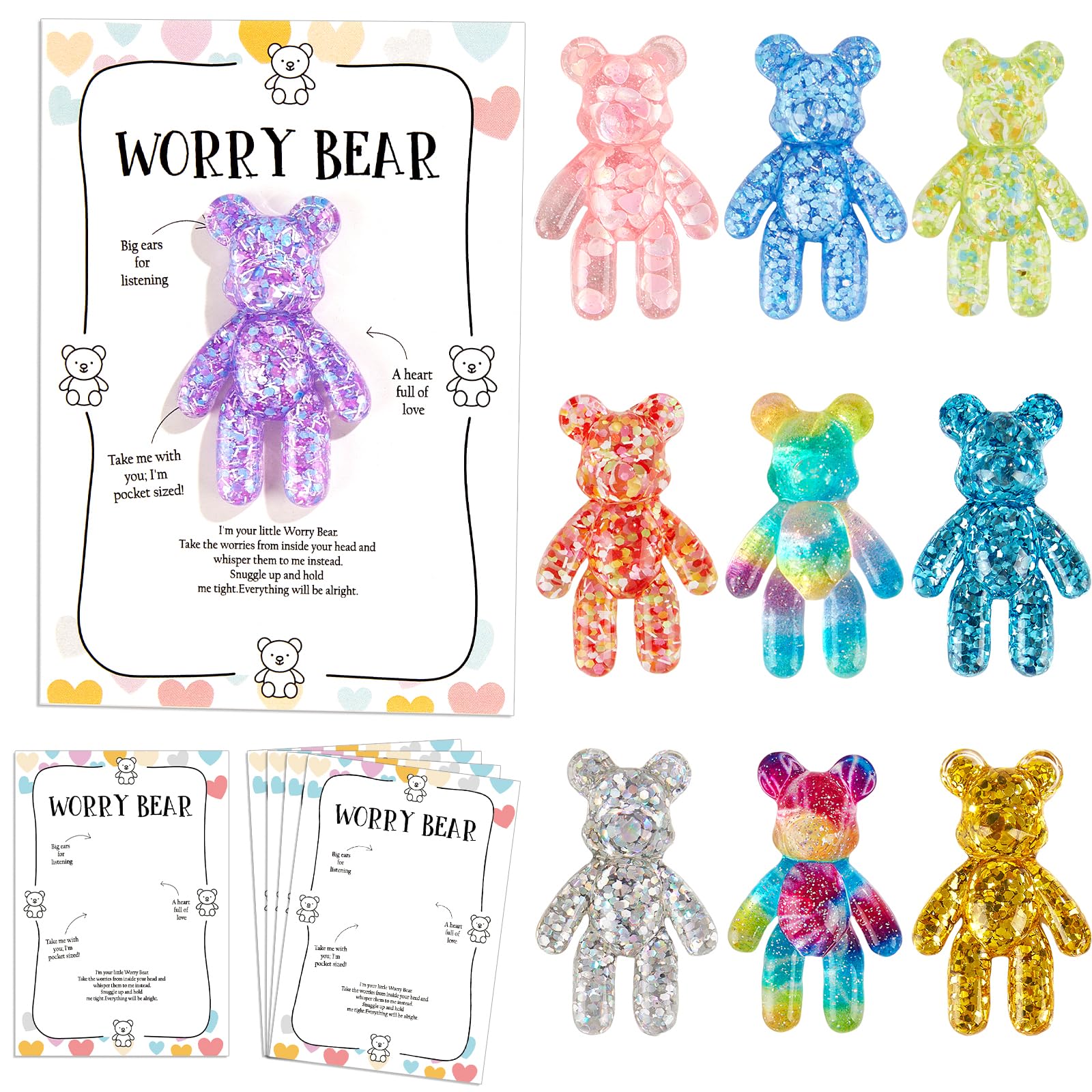 Pocket Bear Hug Emotional Support Gifts – 10 Mini Worry Bears with Cards for Anxiety Relief and Positivity