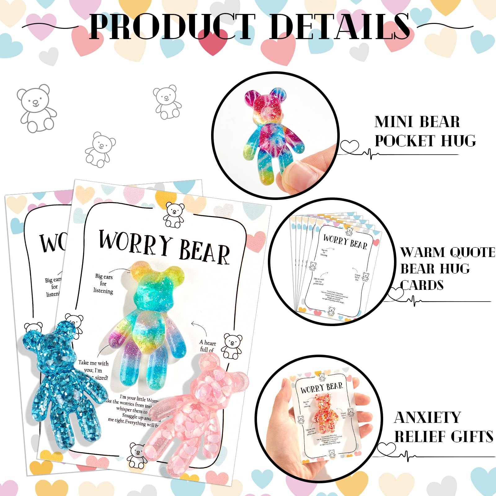 Pocket Bear Hug Emotional Support Gifts – 10 Mini Worry Bears with Cards for Anxiety Relief and Positivity