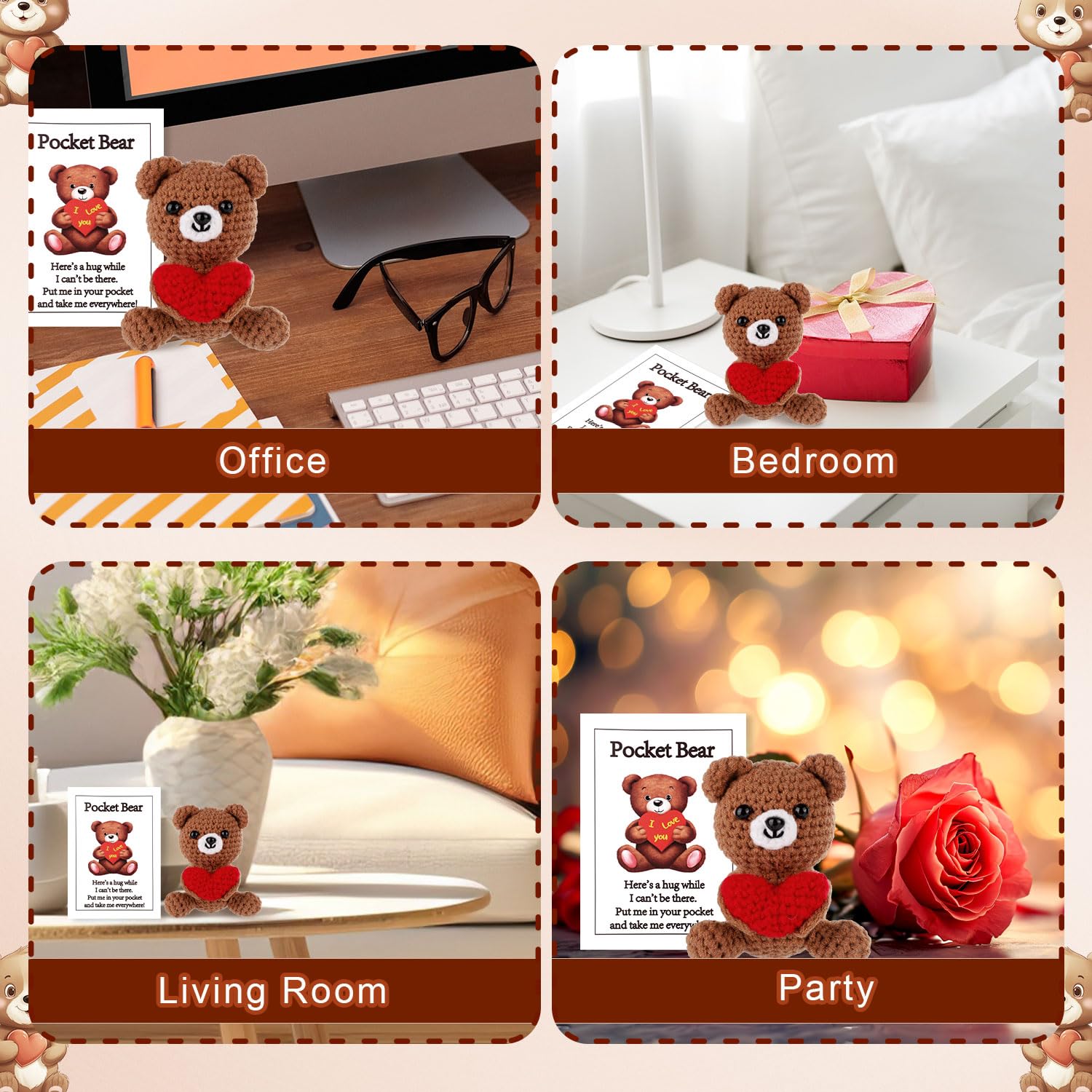 Pocket Hug Bear with Love Heart - Crochet Emotional Support Bear, Brown, 9x6x6 cm, Includes Card (TOYMIS)