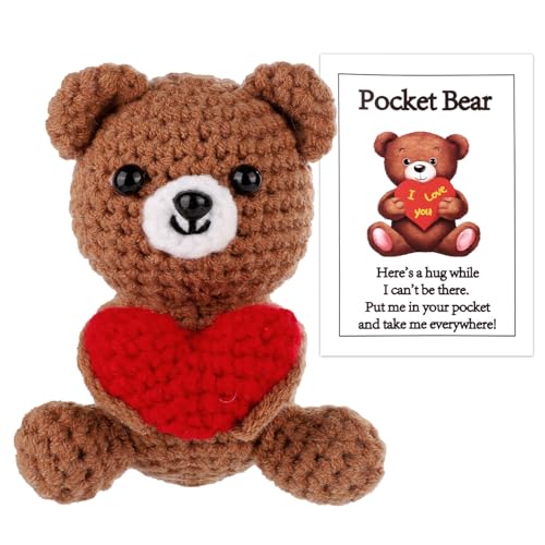 Pocket Hug Bear with Love Heart - Crochet Emotional Support Bear, Brown, 9x6x6 cm, Includes Card (TOYMIS)