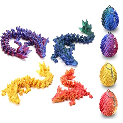 Podafu 4 Pack Mini 3D Printed Dragon Eggs with Crystal Dragon Inside - Easter Basket Stuffers and Kids Decorations with Keychain Option