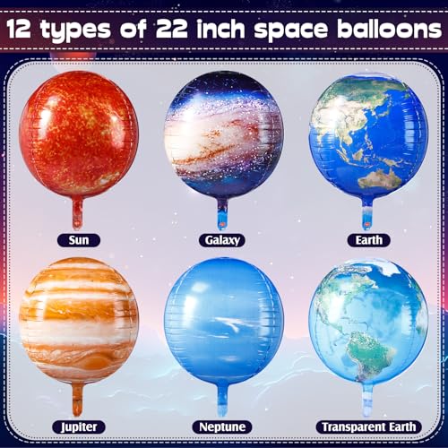 Poen 12-Pack 22-Inch 4D Space Balloons - Planet Solar System Decorations for Space Theme Party and Classroom Learning