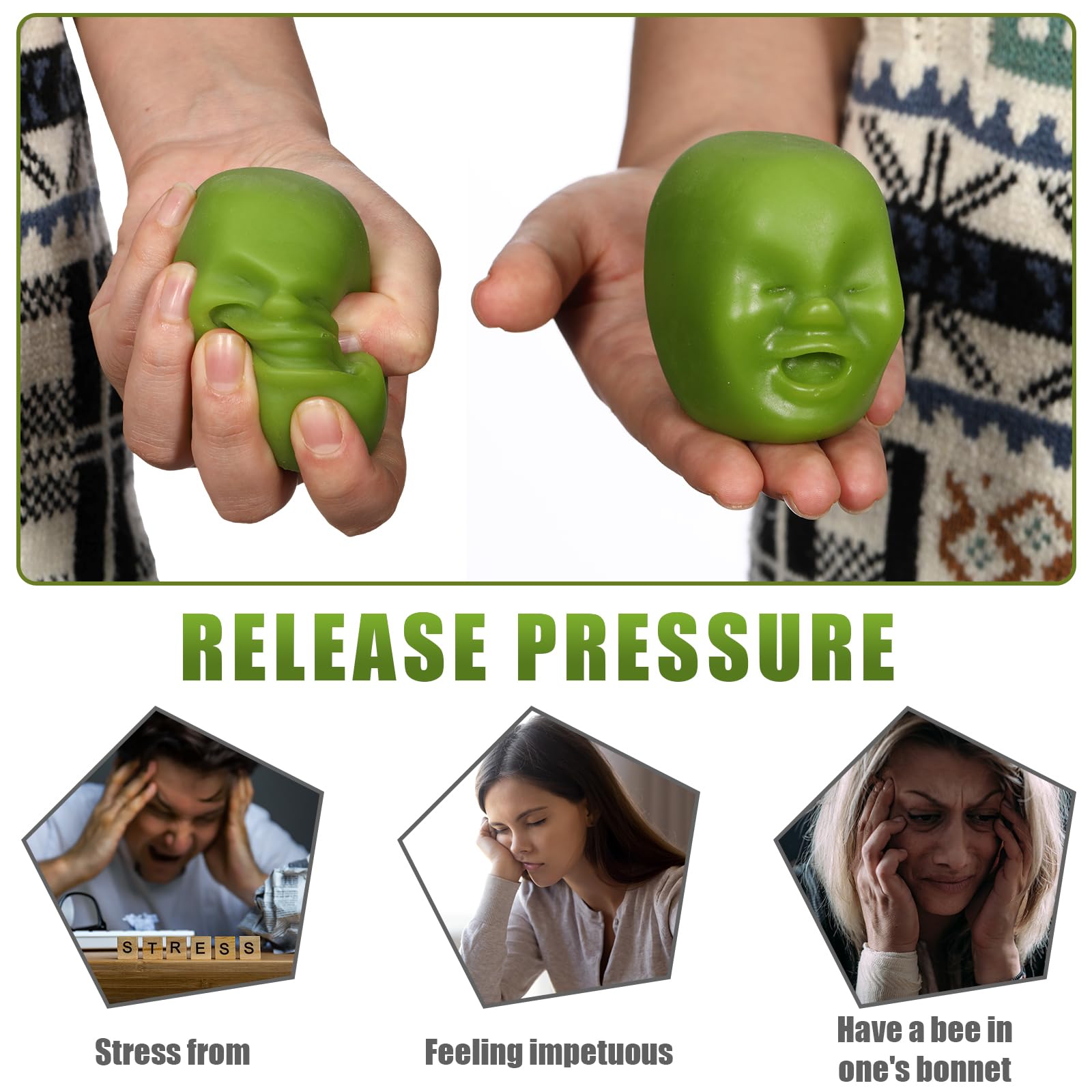 Poen 4 Pack Funny Human Face Stress Balls - Squeeze Fidget Toys for Adults, Emotion Face Balls, Green