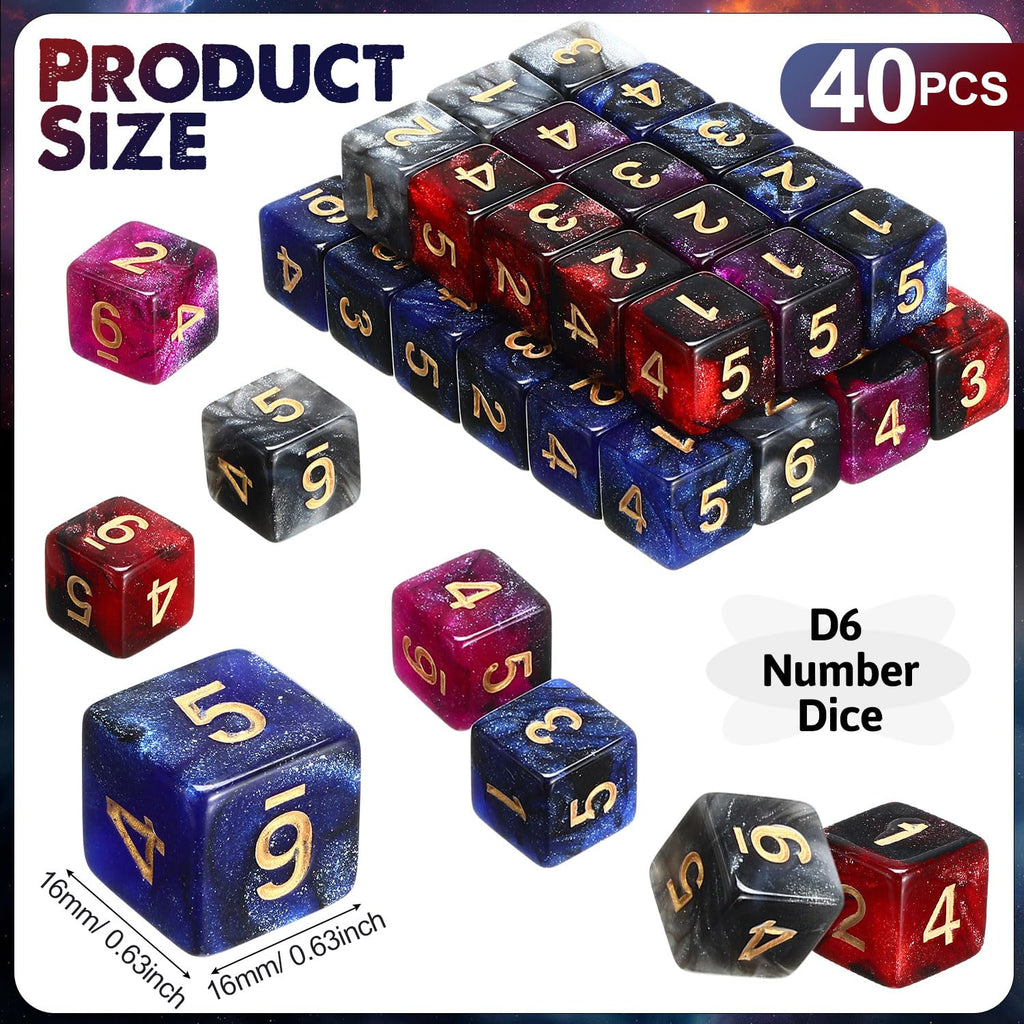 Poen 40 Pack 16mm Glitter Dice Set – 6 Sided Acrylic Dice in 4 Colors for Board Games