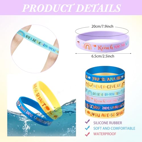 Poen 48 Motivational Silicone Bracelets - Boho Rainbow Wristbands for Kids, Students, and Teachers