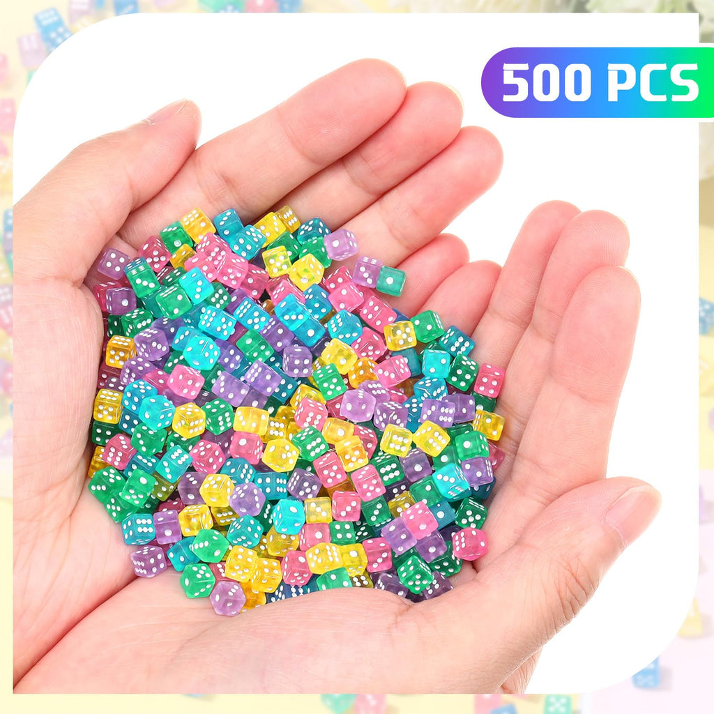 Poen 500 Mini Dice Set – 5mm Acrylic Dice in 5 Transparent Colors with Portable Plastic Box for Casino Night, Board Games, and Math Learning