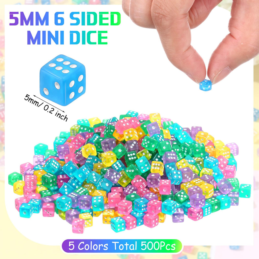 Poen 500 Mini Dice Set – 5mm Acrylic Dice in 5 Transparent Colors with Portable Plastic Box for Casino Night, Board Games, and Math Learning