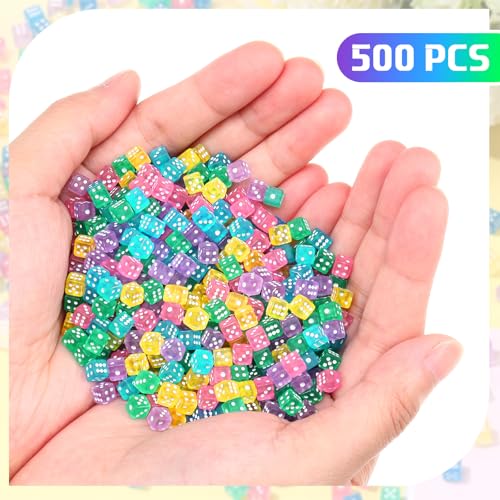 Poen 500 Mini Dice Set – 5mm Acrylic Dice in 5 Transparent Colors with Portable Plastic Box for Casino Night, Board Games, and Math Learning