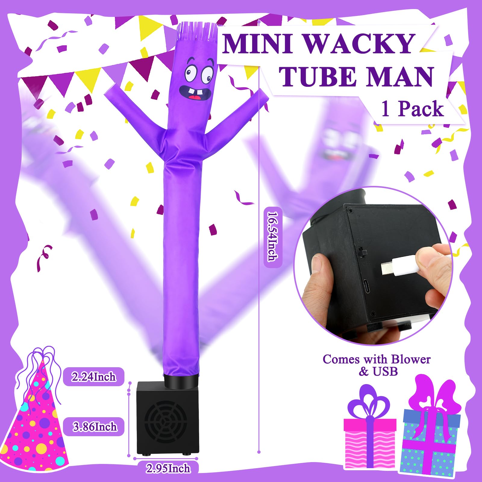 Poen Mini Wacky Waving Inflatable Tube Guy - Purple Desktop Decor with Blower, USB-Powered Gag Toy for Parties and Office Fun
