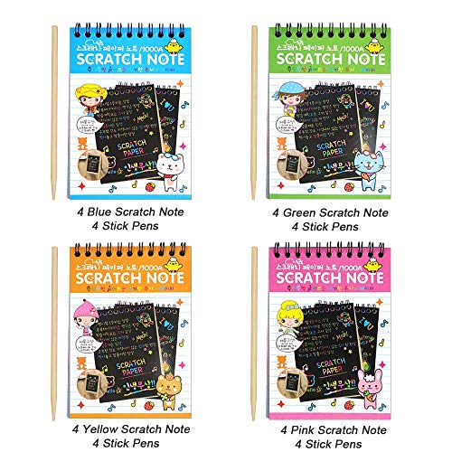 POKONBOY 16 Scratch Art Notebooks for Kids - 10 Sheets Each, 16 Wooden Styluses & 4 Stencils, Party Favors