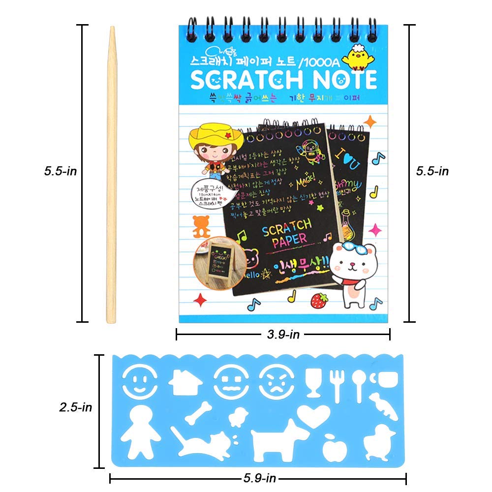 POKONBOY 16 Scratch Art Notebooks for Kids - 10 Sheets Each, 16 Wooden Styluses & 4 Stencils, Party Favors
