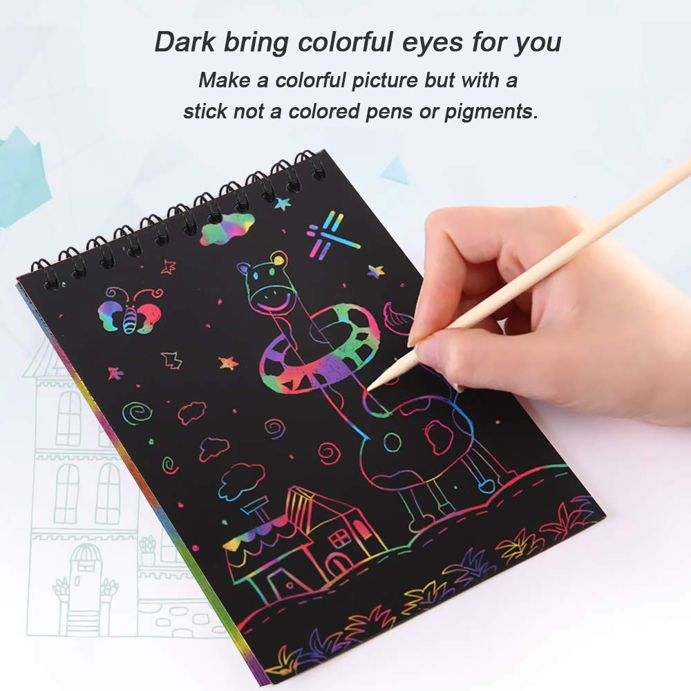 POKONBOY 16 Scratch Art Notebooks for Kids - 10 Sheets Each, 16 Wooden Styluses & 4 Stencils, Party Favors