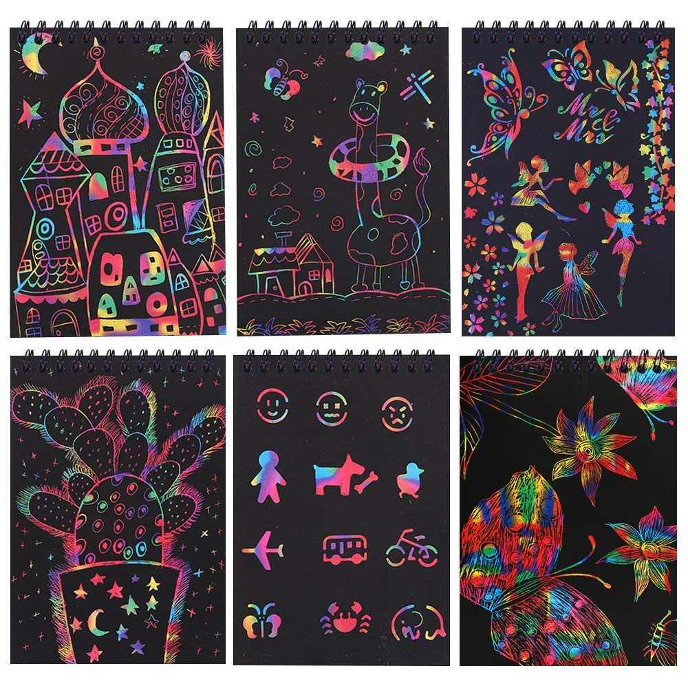 POKONBOY 16 Scratch Art Notebooks for Kids - 10 Sheets Each, 16 Wooden Styluses & 4 Stencils, Party Favors