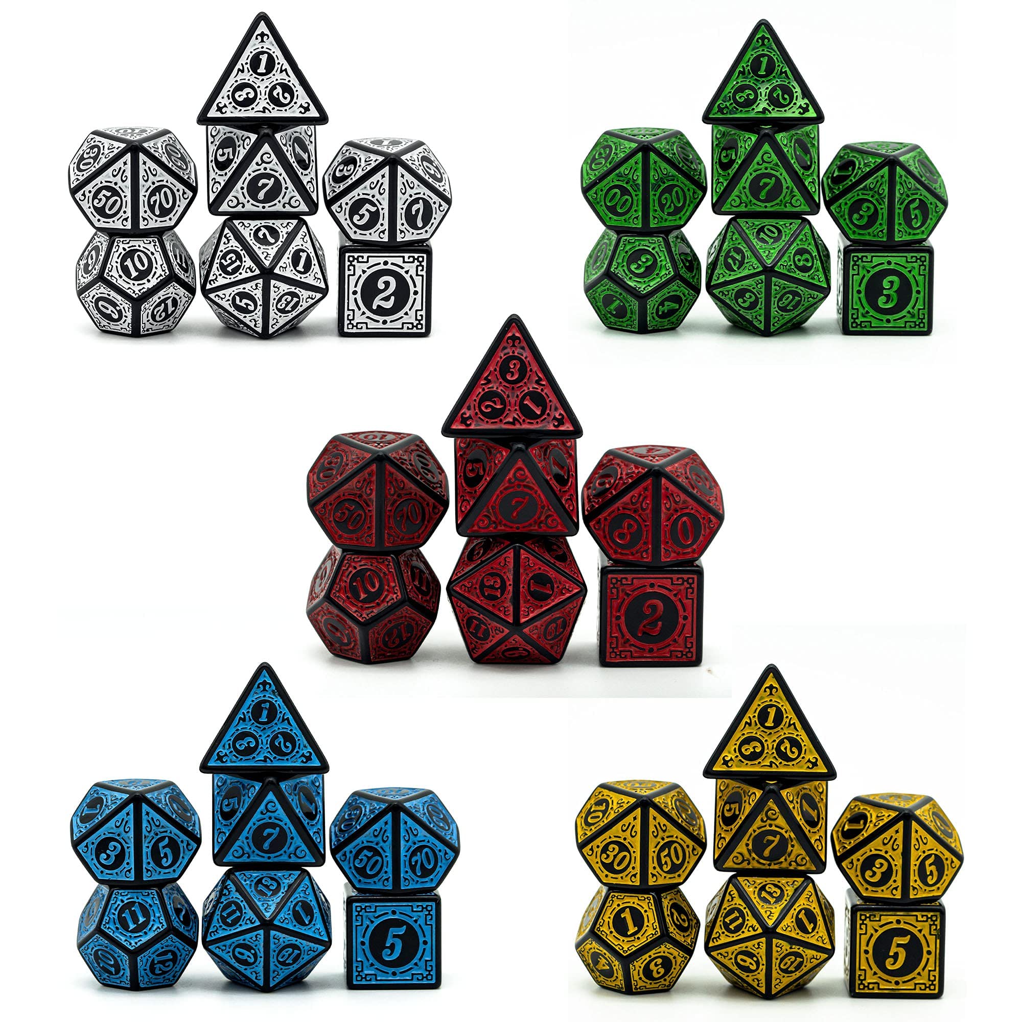 Poludie 5 Sets DND Dice (35pcs) with Leather Bag – Window Lattice Carved Acrylic Polyhedral Dice for RPG Games