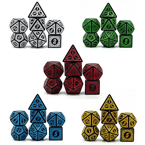 Poludie 5 Sets DND Dice (35pcs) with Leather Bag – Window Lattice Carved Acrylic Polyhedral Dice for RPG Games