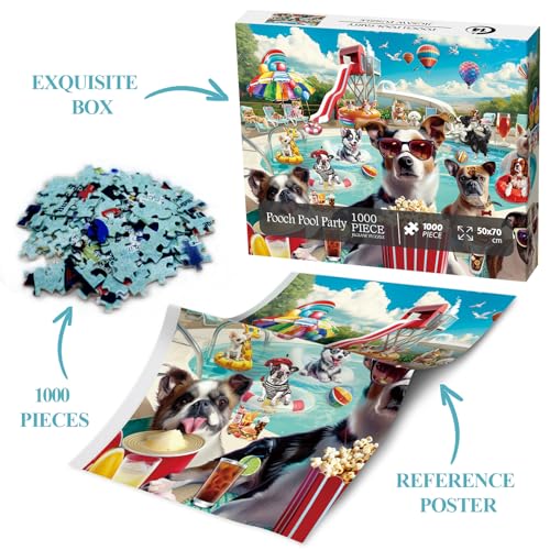 Poolside Puppy Party 1000-Piece Jigsaw Puzzle – Funny Dog Summer Scene for Adults