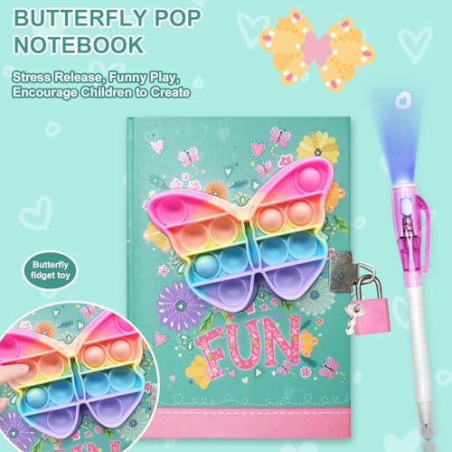 Pop Fidget Butterfly Diary with Lock and Invisible Ink Pen – 160 Lined Pages, 7.5x5.4 Inches, for Kids Ages 6-12