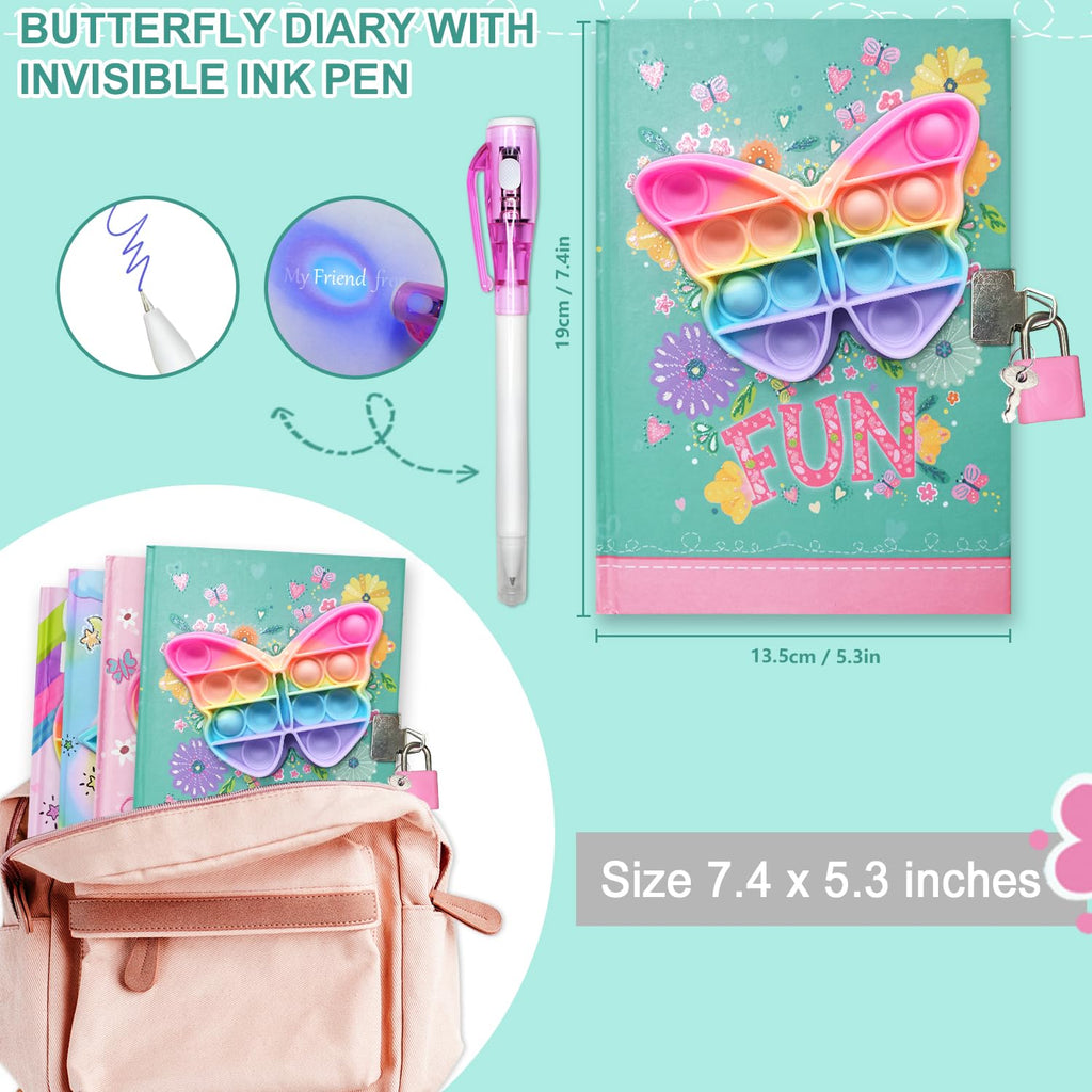 Pop Fidget Butterfly Diary with Lock and Invisible Ink Pen – 160 Lined Pages, 7.5x5.4 Inches, for Kids Ages 6-12