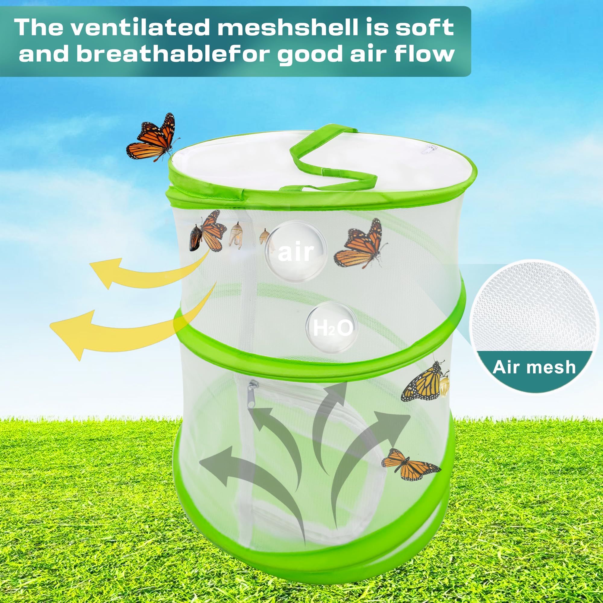 Pop-Up Butterfly Habitat Cage – 12" x 12" x 14" Green Mesh Insect Net with Double Zipper