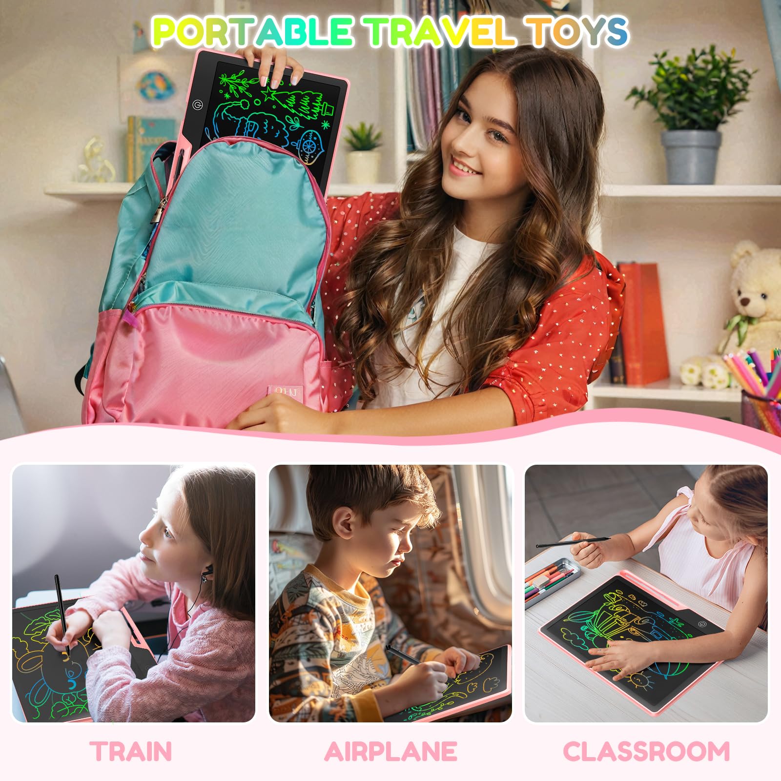 POPERFUN 13 Inch LCD Writing Tablet for Kids - Pink Rechargeable Doodle Board, Anti-Blue Light, Travel Friendly