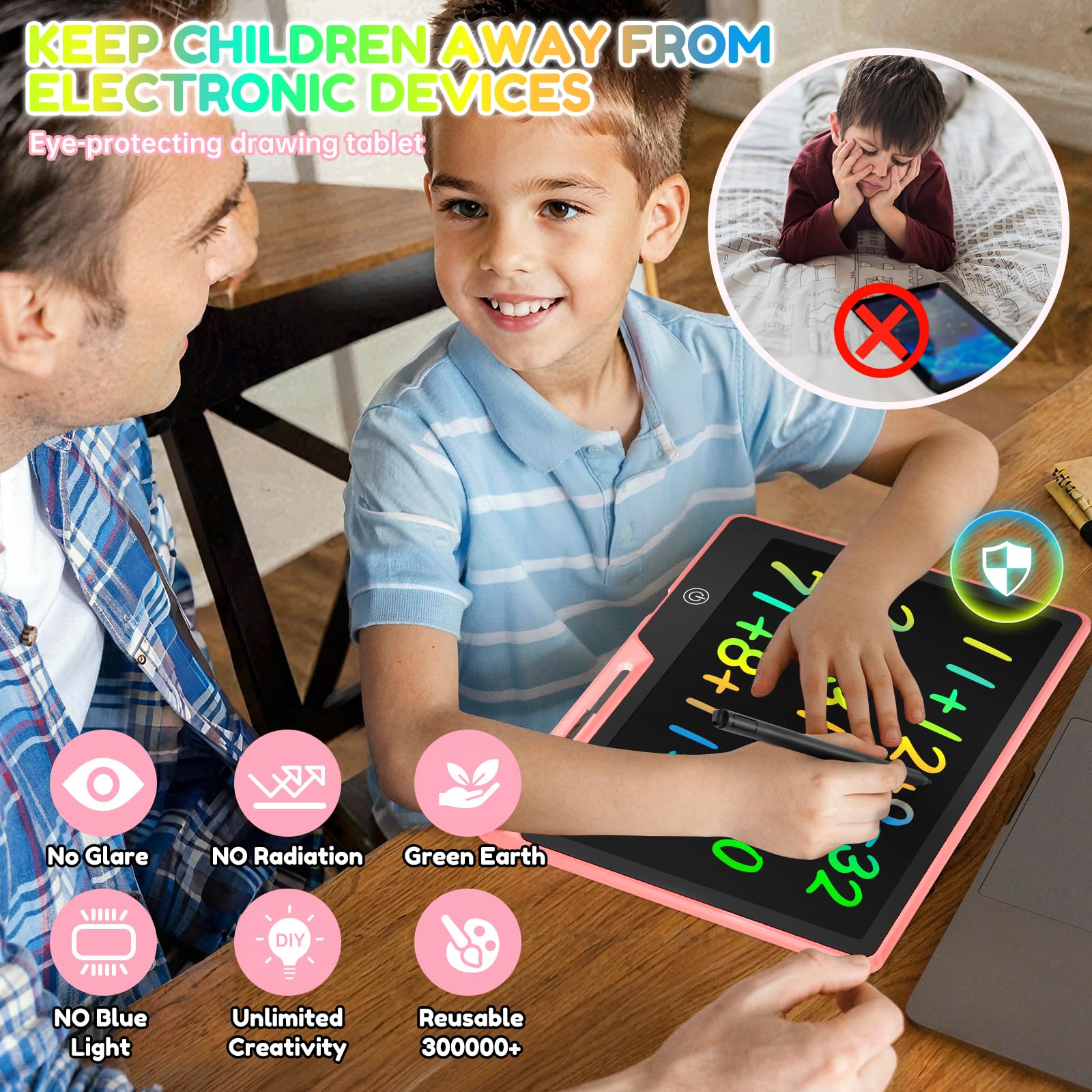 POPERFUN 13 Inch LCD Writing Tablet for Kids - Pink Rechargeable Doodle Board, Anti-Blue Light, Travel Friendly