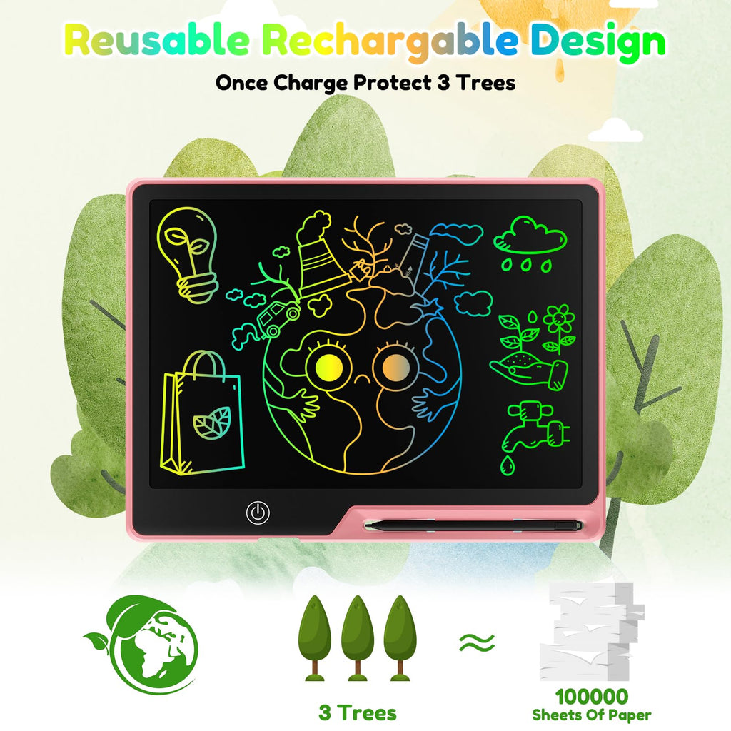 POPERFUN 13 Inch LCD Writing Tablet for Kids - Pink Rechargeable Doodle Board, Anti-Blue Light, Travel Friendly