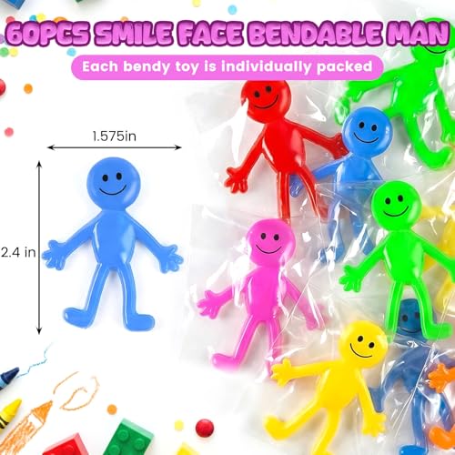 POPLAY 60 Pack Bendable Smile Face Fidget Toys - Stretchy Figures for Party Favors, Classroom Prizes, Stress Relief