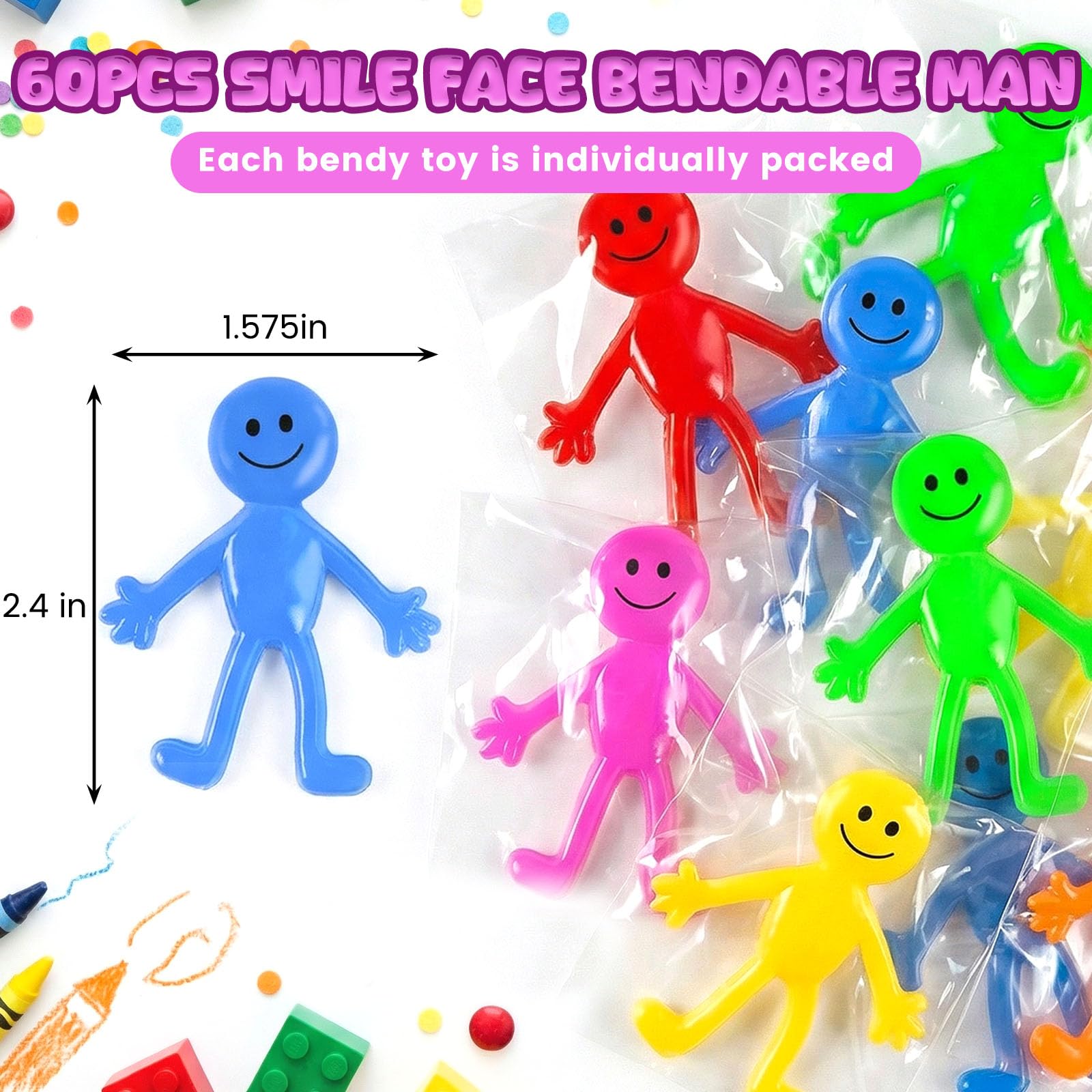POPLAY 60 Pack Bendable Smile Face Fidget Toys - Stretchy Figures for Party Favors, Classroom Prizes, Stress Relief