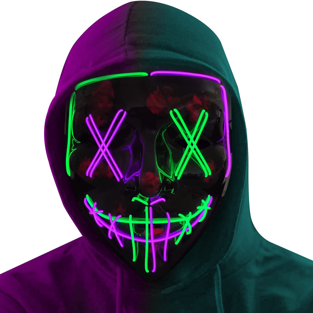 Poptrend Green+Purple LED Light-Up Mask for Halloween, Raves & Costume Parties – 3 Modes, Adjustable Strap