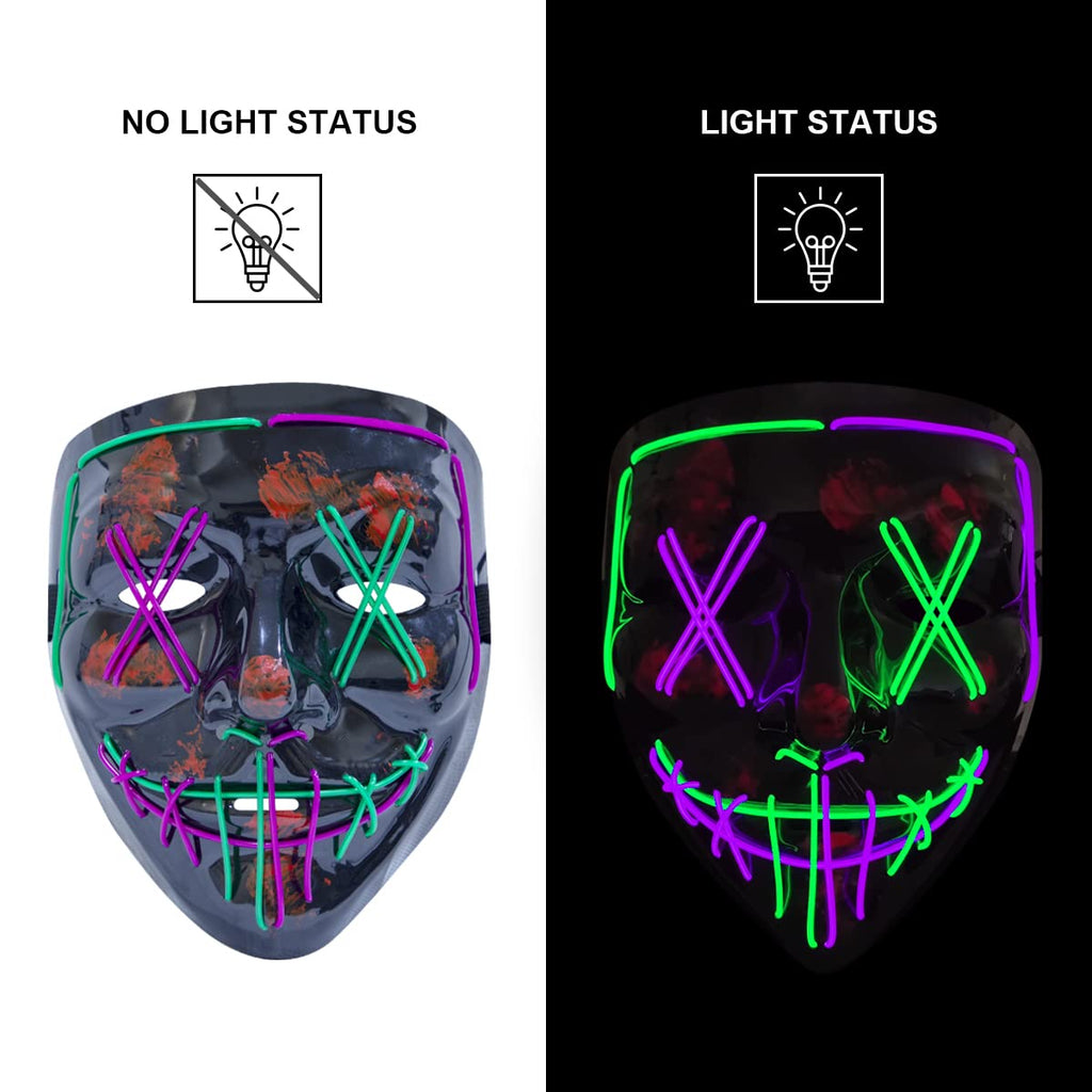 Poptrend Green+Purple LED Light-Up Mask for Halloween, Raves & Costume Parties – 3 Modes, Adjustable Strap