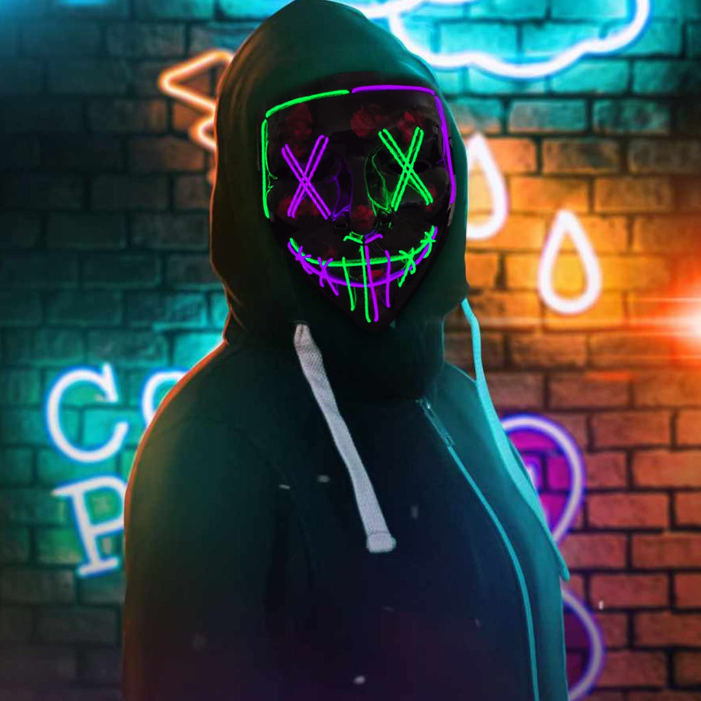 Poptrend Green+Purple LED Light-Up Mask for Halloween, Raves & Costume Parties – 3 Modes, Adjustable Strap